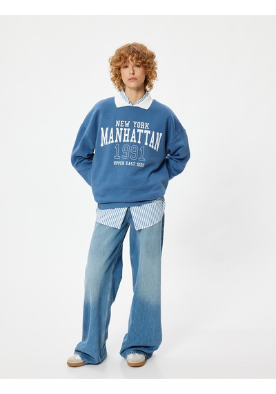 Koton Polo Yaka Sweatshirt Kolej Baskılı Uzun Kollu Mavi 5wal10205ık Mavi