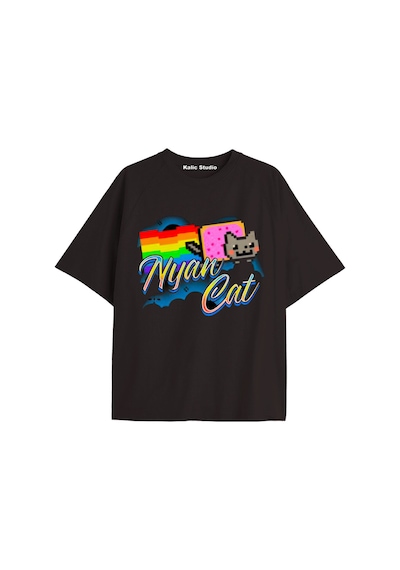 Kalic Studio Nyan Nyan Cat Oversize Unisex T-shirt Siyah Ekru