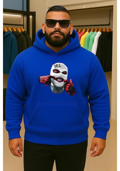 Benroma 3 İplik Penye Maske Baskılı Büyük Beden Sweatshırt Saks Mavisi