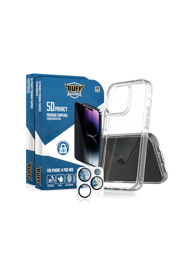 Buff Apple iPhone Uyumlu  14 Pro Max - 2x5d Ekran Koruyucu + Şeffaf Kılıf + Lens Koruyucu Privacy Hayalet