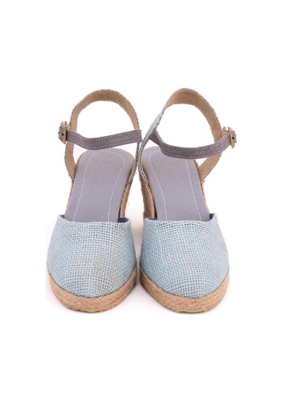 Star Tombis Gerçek Elişi Topuğu Açık Bilekten Bantlı Dolgu Topuk Keten Hasır Espadril Handmade Buz Mavi Açık Mavi