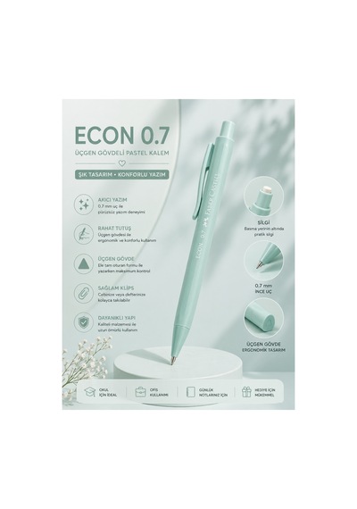 Faber-castell Econ 0.7 Pastel Uçlu Kalem Silgili Üçgen Gövde, Silgili, Ergonomik Tutuş, Okul Ofis Ve Günlük Kullanım Yeşil