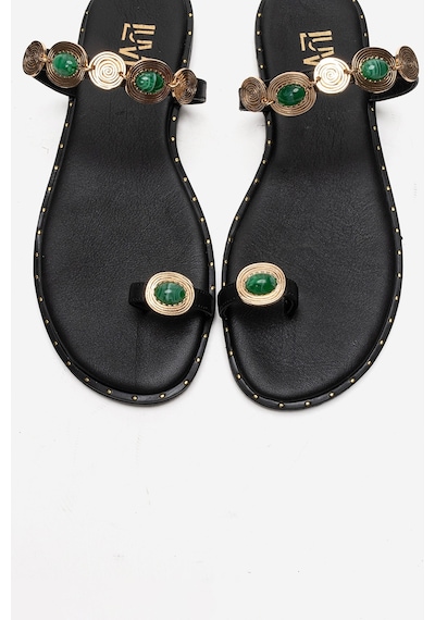 Luvishoes Martınez Siyah Yeşil Tokalı Hakiki Deri Kadın Parmak Arası Terlik