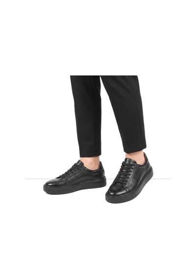 Erkek Siyah Kalın Tabanlı Siyah Deri Sneaker Siyah Siyah