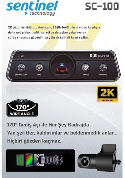 Sentinel Sc-100 2k Ahd Çift Kameralı Araç İçi Dikiz Aynası Kamera Wi-fi, G-sensor, Gece Görüş, Dokunmatik Ekran