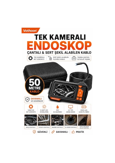Ekranlı Tek Kameralı 50 Mt Sert Kablo Yılan Endoskop Kamera 8 Mm 4.3 Inc