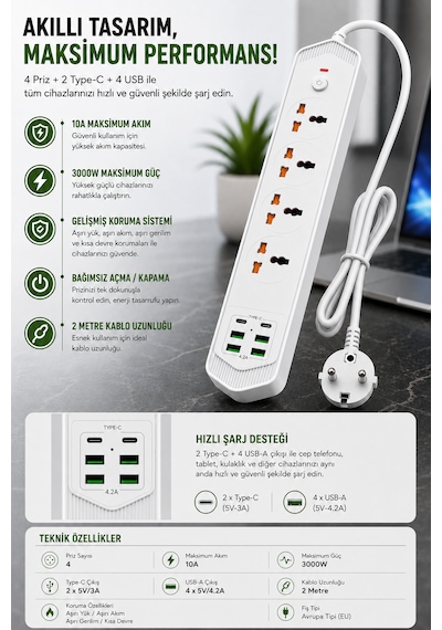 4 Lü Akım Korumalı Evrensel Priz 3000w 10a, 2 Type-c + 4 Usb-a, 2 Metre Kablolu Çoklu Priz 1 - 3 M