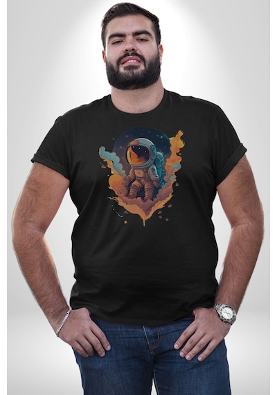 Bulutlar Astronot Uzay Unisex Unisex Siyah Organik Baskılı T-shirt Penye Yüksek Kalite Siyah