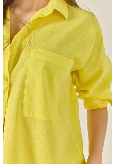 Kadın Çift Cepli Oversize Keten Gömlek 40861002 - Sarı