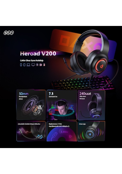Heroad V200 Rgb 7.1 Kablosuz Gaming Oyuncu Kulaklığı 3 Modlu Bt, 2.4ghz, Type-c Pc - Ps5