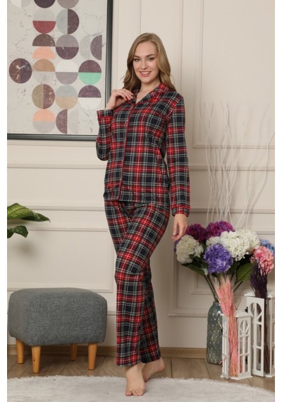 Farya Home Dreamy Ekoseli Pamuklu Biyeli Uzun Kollu Gömlek Pijama Takımı Siyah Kırmızı Siyah - Bordo