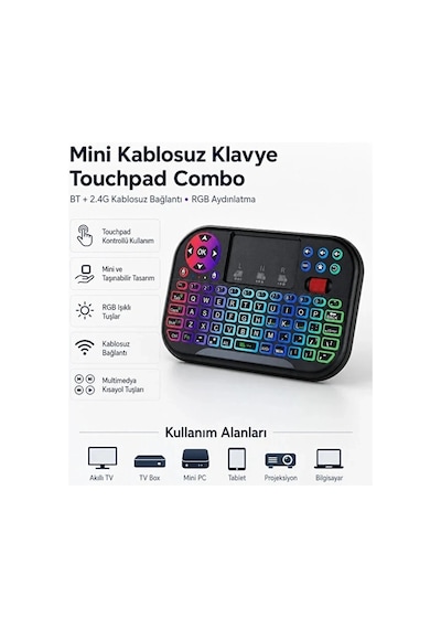 Rgb Işıklı Mini Kablosuz Klavye Touchpad Combo, Bluetooth Ve 2.4g Smart Tv Kumandası Çok Renkli