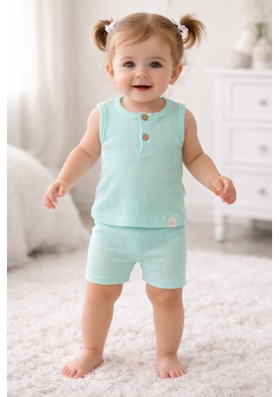 Joviel Baby & Kıds Soft Önden Düğme Detaylı Kalın Askılı Badi Tayt Takım Mint Yeşili Mint Yeşili