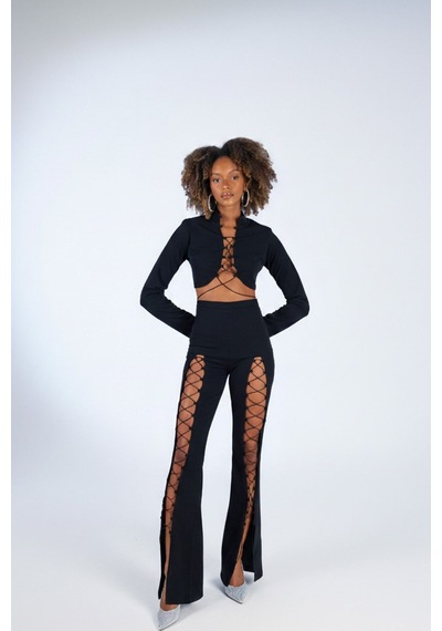 Holly Lolly Crop Model Dekolteli Bel Bağlamalı Lui Bluz Siyah