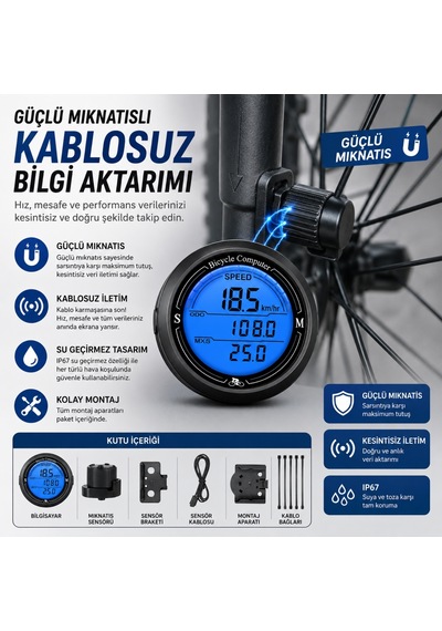 Triline Bisiklet Bilgisayarı Km Saati Hız Ve Mesafe Ölçer Su Geçirmez Ledli Lcd Ekranlı Kablolu Siyah
