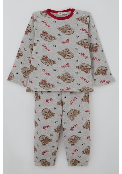 Breeze Kız Bebek Pijama Takımı Sevgi Temalı Fiyonklu Ayıcık Desenli 9 Ay-3 Yaş, Açık Gri Melanj Açık Gri Melanj