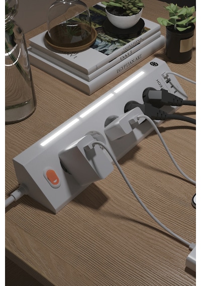 Fulltech FTR-26 Akım Korumalı Priz Beyaz 9’lu (5 Priz + 2 USB-A + 2 USB-C) 3680W 16A, 2 Metre Kablolu, Gece Lambalı Çoklu Priz -