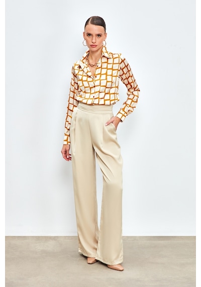 Sateen Cepli Salaş Saten Pantolon - Bej