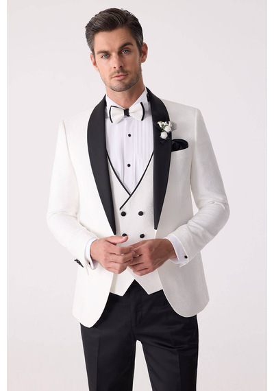 Ysf Erkek Beyaz Damatlık Slim Fit Kırlangıç Yaka Desenli
