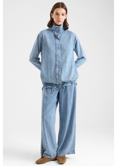 Olcay Büzgü Detaylı Soft Denim Ceket Pantolon İkili Takım Mavi 9472-tk