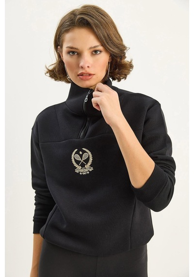 Shade Kadın Dik Yaka Yarım Fermuarlı İçi Polarlı Crop Sweatshirt 1808 60283713 - Siyah