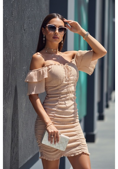 Fashion Cocktail Minik Kol Göğüs Korseli Drapeli Doğal Gofre Kumaş Pedli Süper Esnek Likralı Tüp Elbise Bej Fashion Cocktail Minik Kol Göğüs Korseli Drapeli Doğal Gofre Kumaş Pedli Süper Esnek Likralı Tüp Elbise Bej