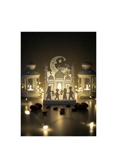 Ramazan Ayına Özel Işıklı Masaüstü Dekor 8x11 Cm Led Li Cami Ve Çocuk Figürlü Ramazan Süsü
