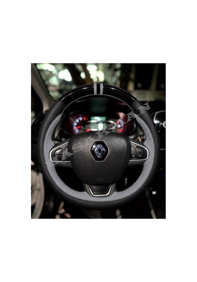 Renault Lutecia 4 Dikme Direksiyon Kılıfı Parlak Siyah Gri Detaylı Gri Çift Yüzük Ve Dikiş 2013-2019