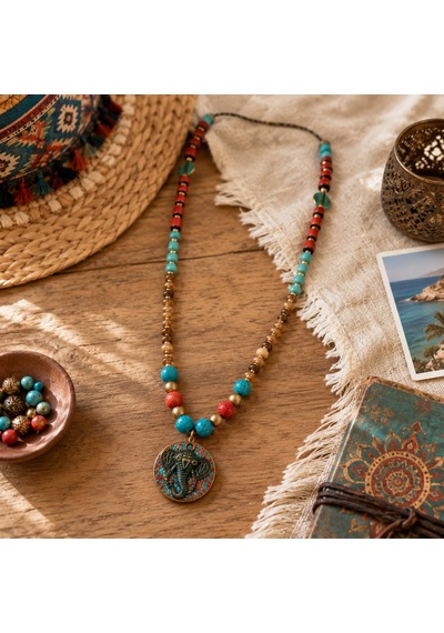 Etnik Ganesha Vireya Kolye Fil Figürlü Doğal Taş Görünümlü Boho Tasarım Çok renkli