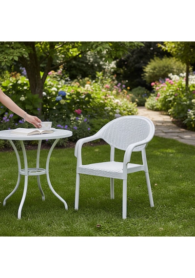 4 Adet Bambu Plastik Rattan Bahçe Balkon Teras Sandalyesi Gizli Metal Profil Ayaklı Kollu Sandalye Beyaz