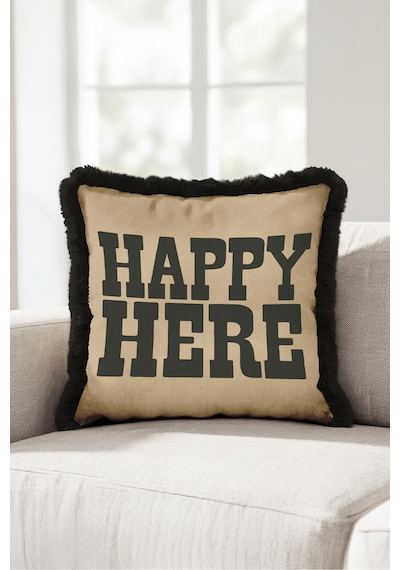 Modern Tipografik Happy Here Saçaklı Yastık Kılıfı - Şık Yazılı Bohem Püsküllü Kırlent Kılıfı Mavi