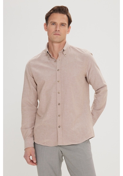 Erkek Vızon Slim Fit Dar Kesim Düğmeli Yaka Pamuklu Oxford Gömlek Vizon