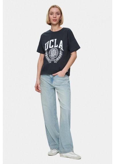 Avalon Antrasit Bisiklet Yaka Baskılı Oversize Kadın Tshirt Antrasit