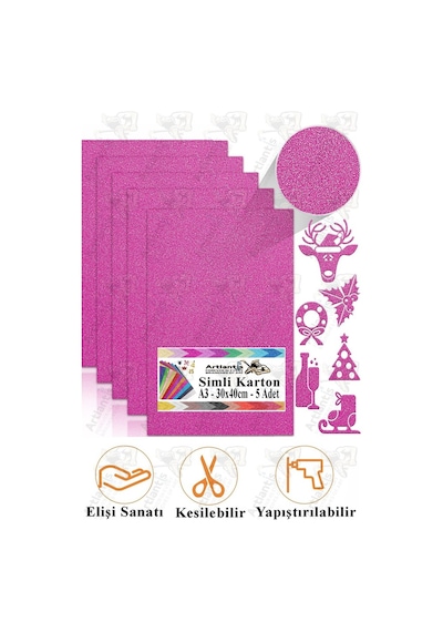 Simli Karton A3 30x40 Cm 5 Li 1 Paket Simli Fon Kartonu Parıltılı Kağıt Anasınıfı Kreş Etkinlik Proje Dekoratif Pembe