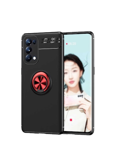 Noktaks - Oppo Reno 5 Pro 5g Uyumlu Kılıf Koruyucu Yüzüklü Karbon Ravel Silikon Kapak - Siyah-mavi - T16223