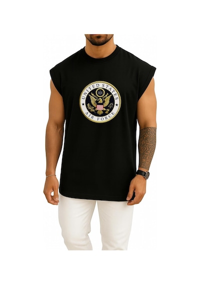 Bahriyeli Collection Oversize Amerika Birleşik Devletleri Hava Kuvvetleri Göğüs Baskılı Atlet SIYAH