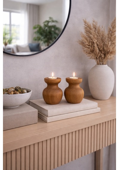 2 Li Büyük Nar Model Tealight Ahşap Şamdan Seti Dekoratif Şamdan