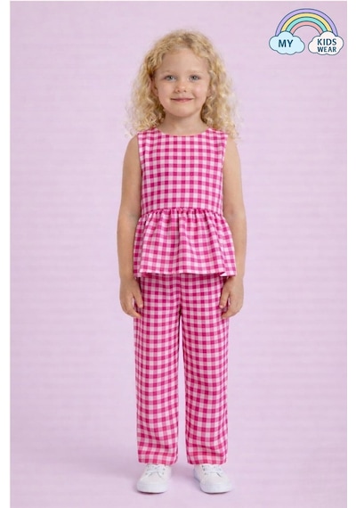 My Kids Wear Kız Çocuk Pötikareli Peplum Bluz Ve Pantolon Takımı 12691 Fuşya