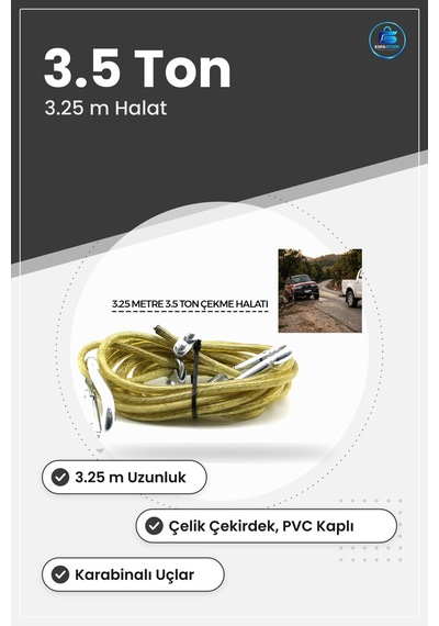 Oto Çekme Halatı 3.5 Ton 3.25 M Çelik Pvc Kaplamalı Karabinalı Ar