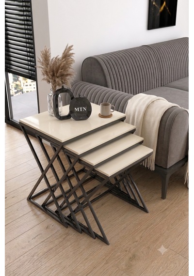 Masal 4'lü Zigon antrasit gri Metal Ayaklı krem Renk Mebran Mdf Üst Tabla 4'lü Zigon Sehpa Seti Salon /koltuk Altı Sehpa Yan Sehpa - C Sehba Modern - Siyah Metal Ayak