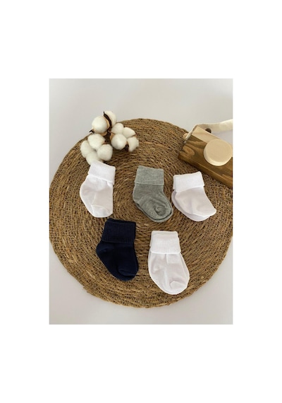 Glory Baby Organik Pamuklu Unisex 5'li Premium Yenidoğan Bebek Çorabı - Kutulu Gri-lacivert-beyaz Gri-lacivert-beyaz