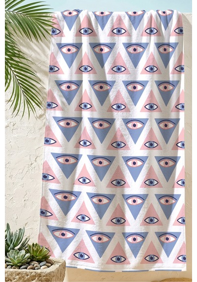 Geometrik Göz Motifli Modern Plaj Havlusu - Bohem Pembe Mavi Hızlı Kuruyan Mikrofiber Havlu Kumlu Rüyası