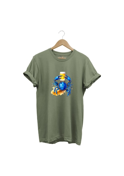 Yaz Baskılı Mavi Yengeç %100 Pamuk Regular Fit Bisiklet Yaka Haki T-shirt Haki