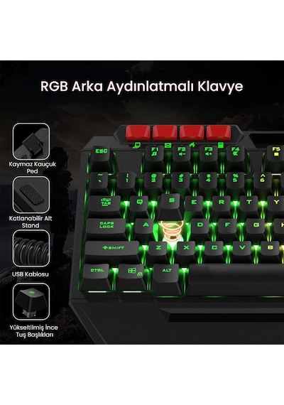 Aula T650 4 İn 1 Gaming Set Rgb Kablolu Membran Klavye 3600 Dpı Mouse Mikrofonlu Oyuncu Kulaklığı Mousepad Lazer