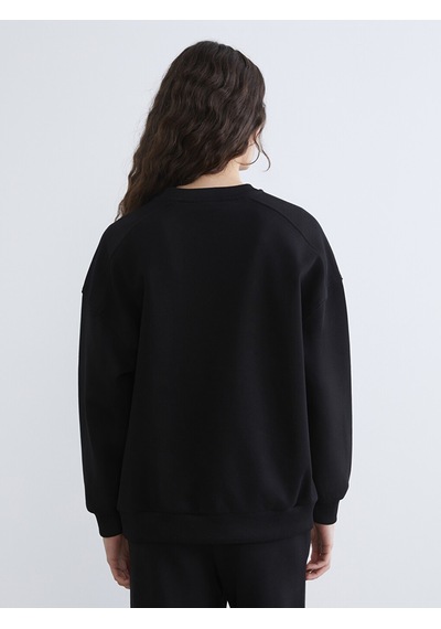 Lcw Vision Siyah Bisiklet Yaka Oversize Kadın Kalın Sweatshirt