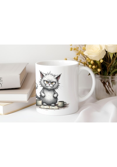 Kahve Seven Gri Kabarık Kedi Kupa Bardak - Sevimli Ve Komik Kedi Tasarımları - Hediye Beyaz