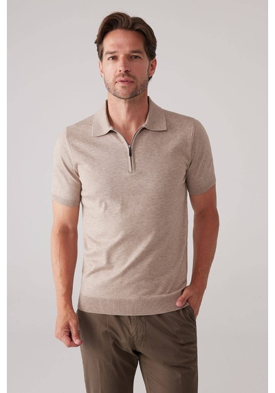 Erkek Vizon Slim Fit Yarım Fermuarlı Pamuk-kaşmir Polo Tişört