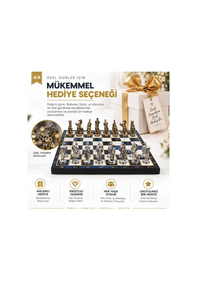 Lüks Metal Satranç Takımı Osmanlı Bizans Figürlü Krom Mavi Mermer Desenli 20x20 Premium Hediye Seti