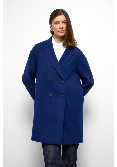 Olcay Desenli Astarlı Oversize Kruvaze Kaban Saks 3095 Saks Mavi