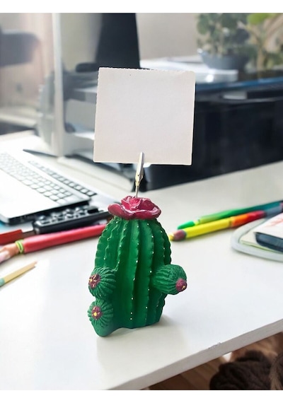 Koyu Pembe Çiçek Desenli Kaktüs Obje Fotoğraf Not Tutucu Ofis Masası Tutacak Hediyelike Pembe Yeşil